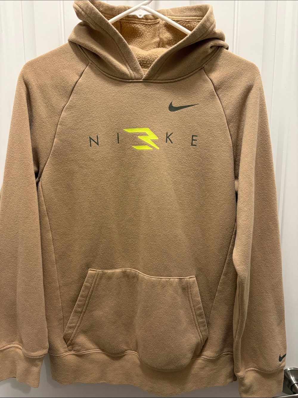 Nike 3Brand Boys XL 13-15 Tan Pullover Hoodie Neon Logo Swoosh
